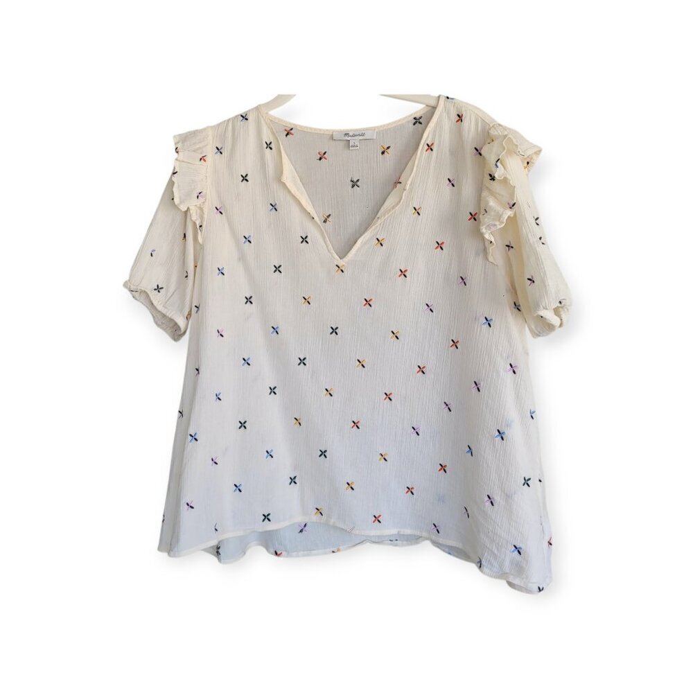 Madewell Rainbow Embroidered Cotton Blouse Ruffle Sleeve Boho Top Size L - Picture 6 of 14